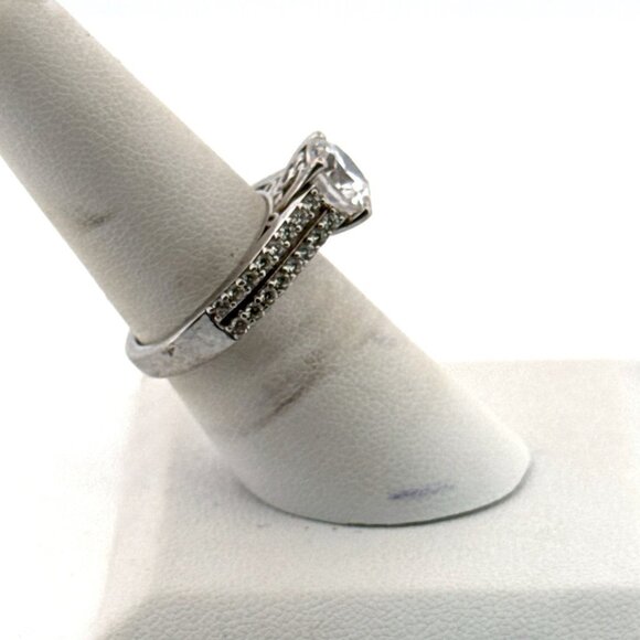 Estate Sterling Silver 925 Engagement Ring Size 7, Round CZ, Pave Band, 5.2g - Picture 2 of 8
